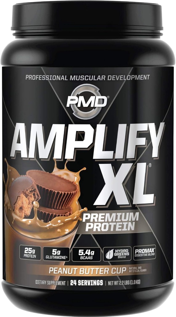 PMD Sports Amplify XL Premium Whey Protéin Supplement Hydro Greens Blend - Glutamine et Whey Protéin Matrix avec Superfood pour le muscle, la force et la récupération - Coupe de beurre d'arachide (24 portions)