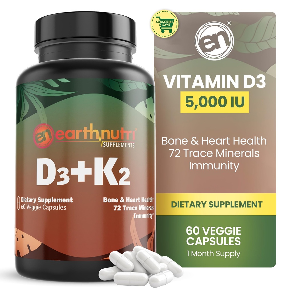 EarthNutri Vitamine D3 K2 Supplément 5000 UI – Comprend K2 de MENA Q7, D3 de Vitashine, Calcium d'Aquamin & 72 Trace Minerals – pour la santé immunitaire, osseuse et cardiaque – Non-OGM – 60 Capsules de Veg