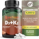 EarthNutri Vitamine D3 K2 Supplément 5000 UI – Comprend K2 de MENA Q7, D3 de Vitashine, Calcium d'Aquamin & 72 Trace Minerals – pour la santé immunitaire, osseuse et cardiaque – Non-OGM – 60 Capsules de Veg