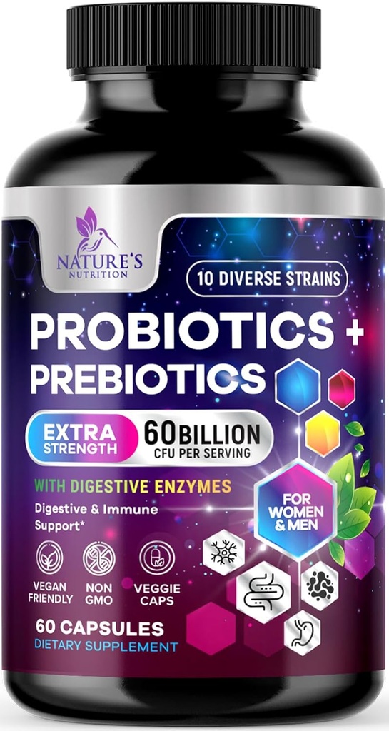 Probiotiques pour les femmes et les hommes 60 milliards CFU - 10 souches avec Lactobacillus, Probiotiques de santé digestif Gut et supplément de soutien immunitaire, soutient Constipation occasionnelle, gaz et ballonnement - 60 capsules