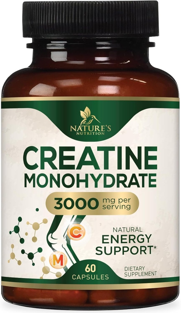 Capsules monohydratées de créatine 3000mg – Meilleure poudre de créatine micronisée - Supporte le muscle maigre, la force, l'énergie, et l'endurance - Supplément de la nature, non-OGM, sans gluten pour les femmes et les hommes - 60 Capsules