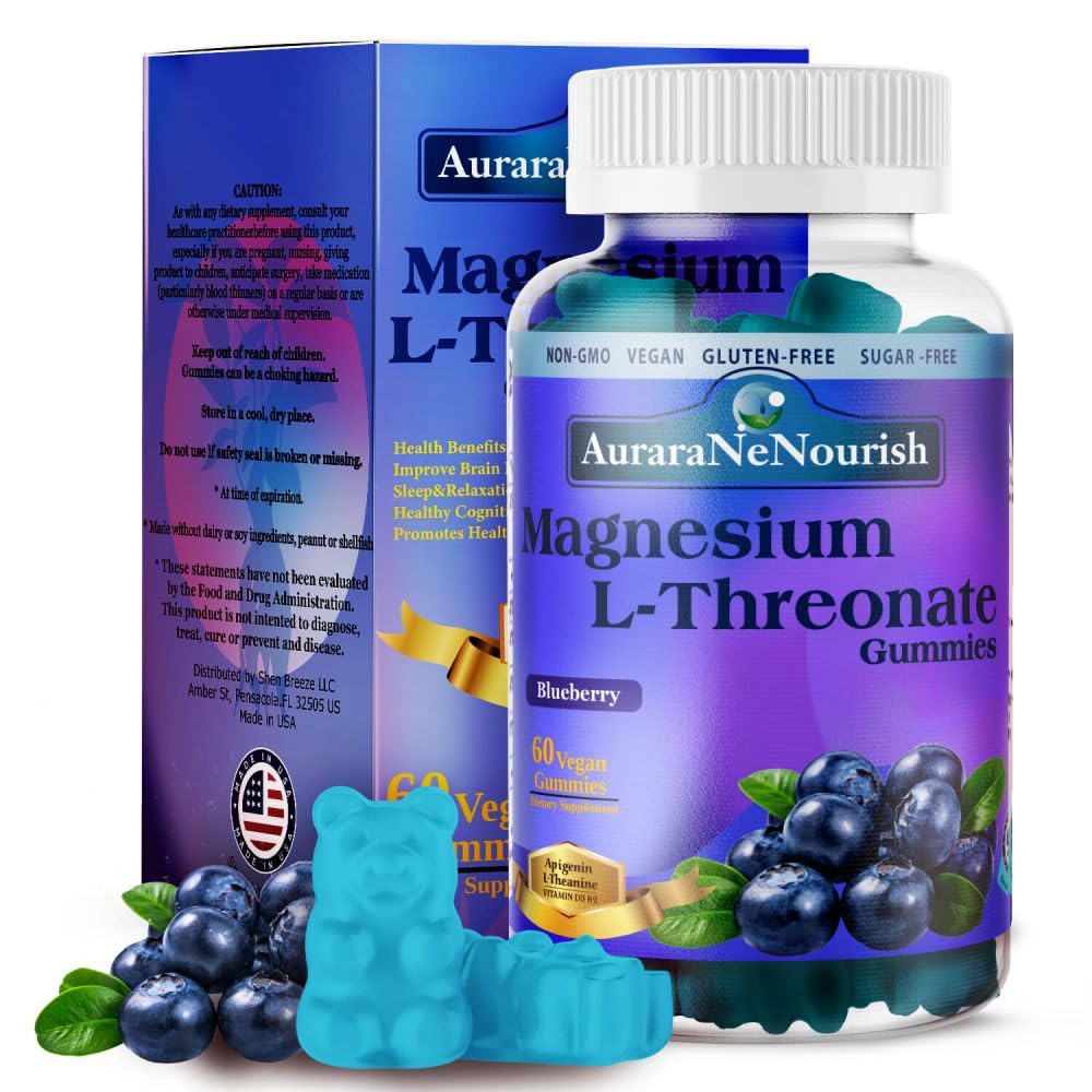 Magnésium L-Thréonate Gommies w. Apigenin L-Theanine, Suppléments de magnésium 11-en-1 avancés w. Vitamine D3 K2 B6 pour le sommeil Cerveau cognitif et détente, Gommies de magnésium haute absortption pour adultes et enfants