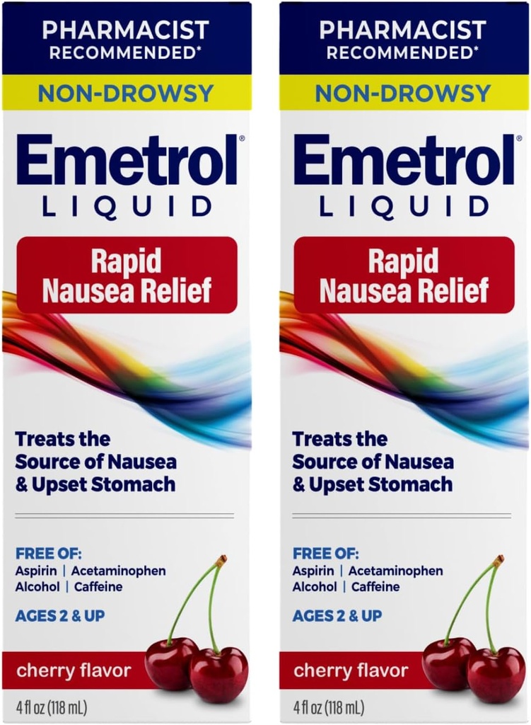 Emétrol Relief des nausées liquides non somnolentes - Remède de l'estomac - Pharmacienne Relief des nausées recommandées - Saveur de cerise - 4fl oz, 2 pack
