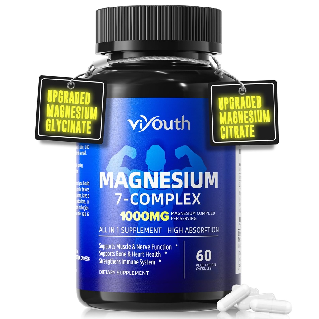 Supplément complexe Magnésium 7 avancé avec glycine Citrate Malate Taurate Orotate Aspartate, Capsules avec Zinc, Vitamine D3 & B6 pour le sommeil, Relief musculaire, 60 Capsules