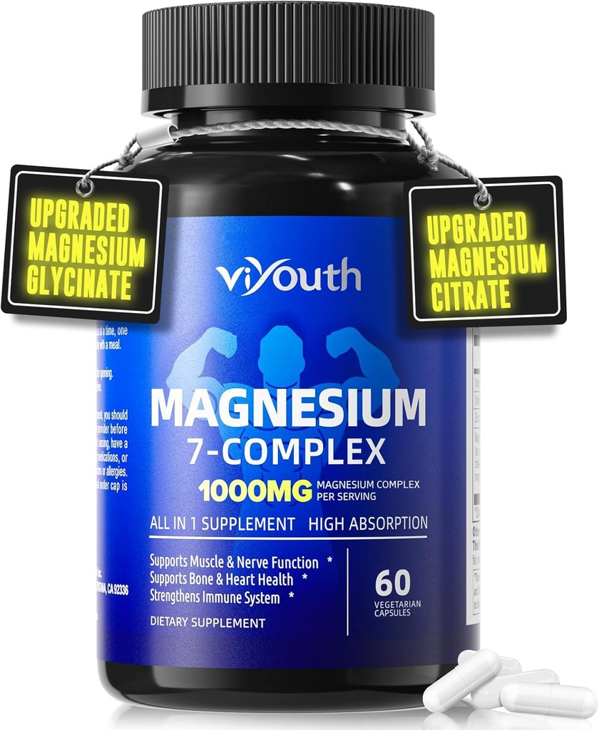 Supplément complexe Magnésium 7 avancé avec glycine Citrate Malate Taurate Orotate Aspartate, Capsules avec Zinc, Vitamine D3 & B6 pour le sommeil, Relief musculaire, 60 Capsules