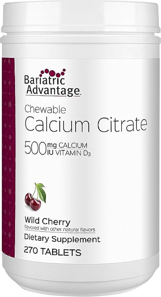 Avantage bariatrique Citrate de calcium Chewable 500mg avec vitamine D3 pour les patients de chirurgie bariatrique, y compris le pont gastrique et la gastrectomie à manches, faible sucre - Saveur de cerise sauvage, 270 Nombre