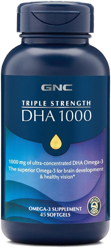 GNC Triple Strength DHA 1000 Omega 3 Supplément, 1000mg DHA, soutient le développement du cerveau et une vision saine, 45 Softgels