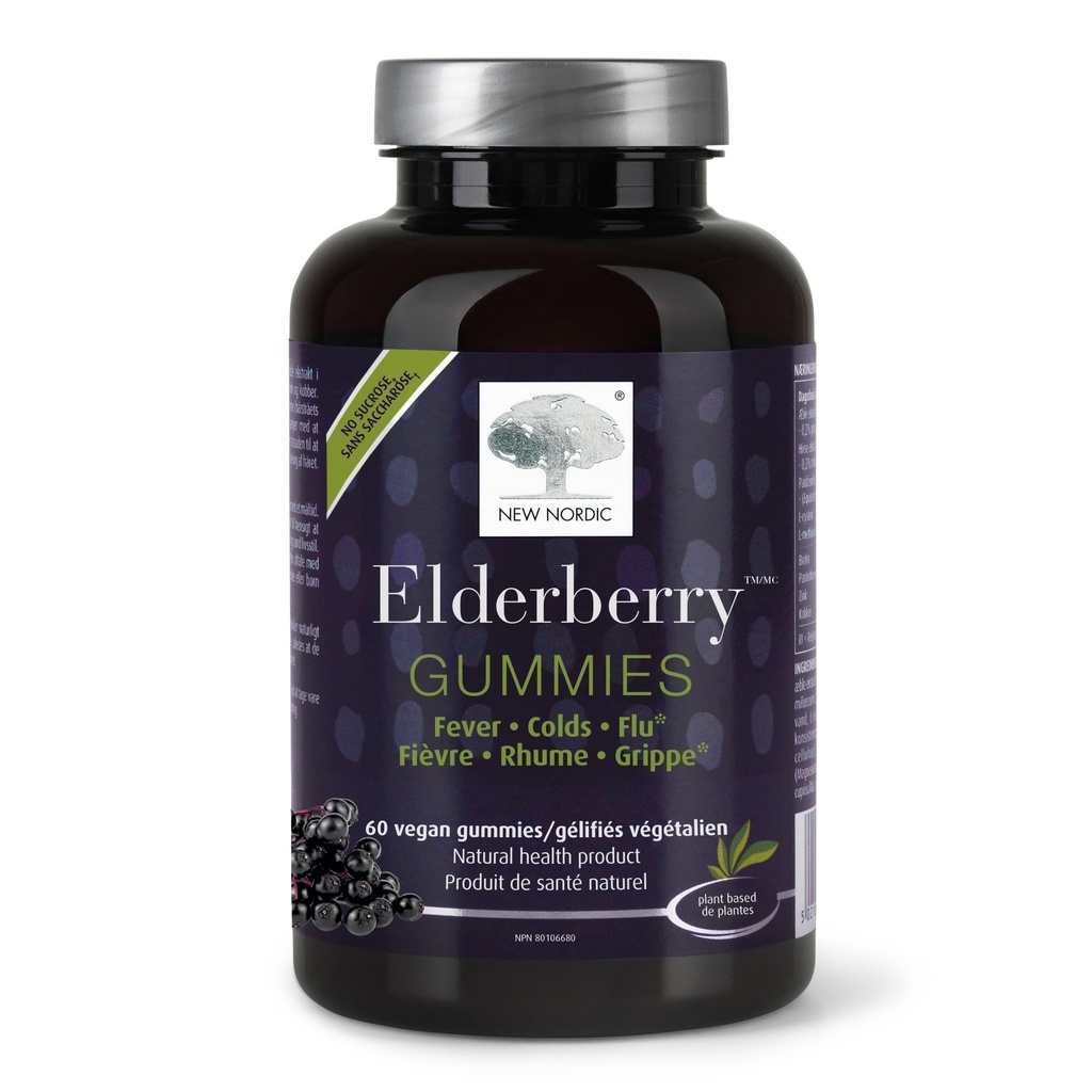 NEW NORDIC Elderberry Vegan Gummies, Sugar Free Chewable Immune Support with Vitamin C for Adults and Kids 4+, No Artificial Colors or Flavors, 60 Count (Pack of 1)