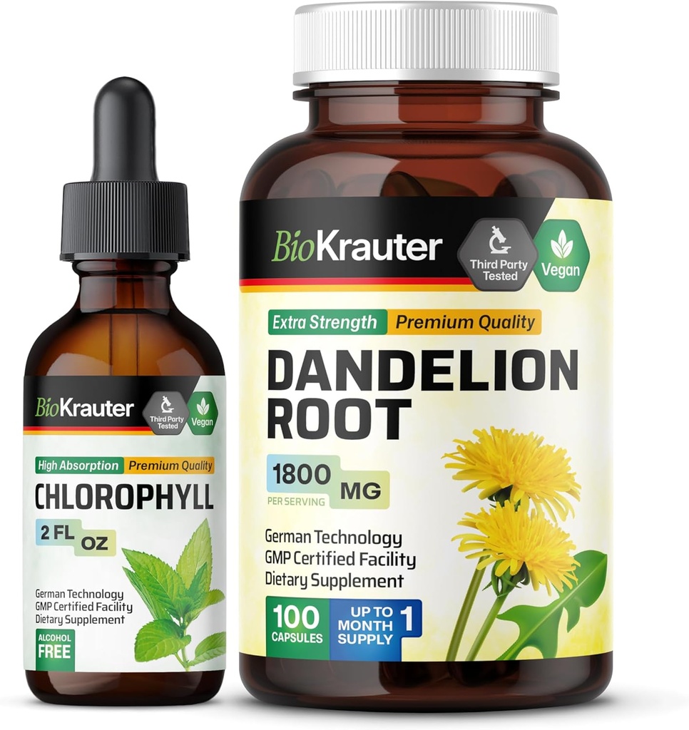 BIO KRAUTER Teinture de chlorophylle 2 Fl. Oz. & Dandelion 100 Capsules