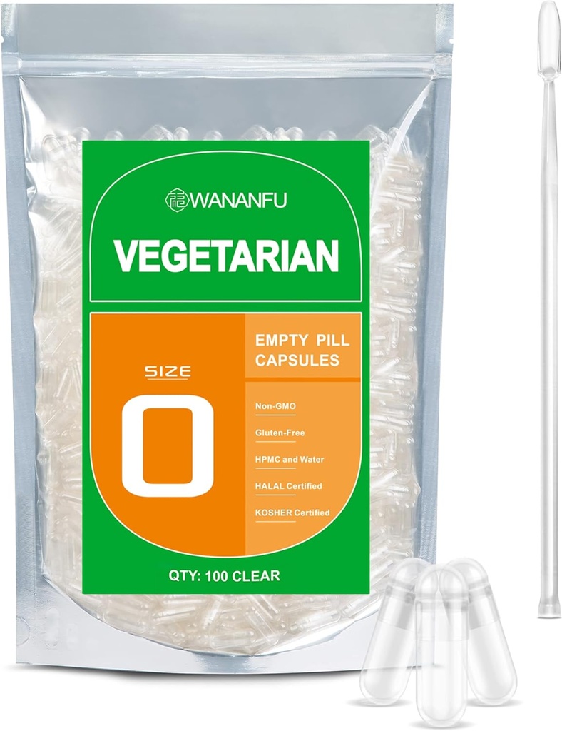 wananfu Taille 0 Capsules vides Végétarien (100 Nombre) Bundle avec Micro Lab Spoon, Effacer les capsules de pilules Veggie Taille 0 pour faire vos propres suppléments