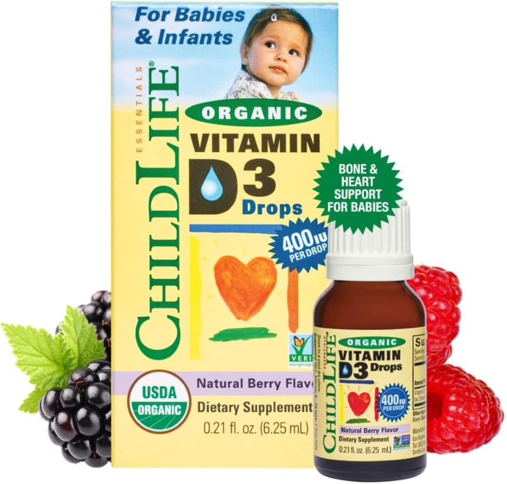 ESSENTIELS POUR ENFANTS Gouttes de vitamine D3 biologique - Gouttes de vitamine D pour nourrissons et bébés, 400 UI par goutte, tout naturel, USDA biologique, non-OGM, casher, sans gluten - saveur de baie naturelle, 0,21 Fl Oz
