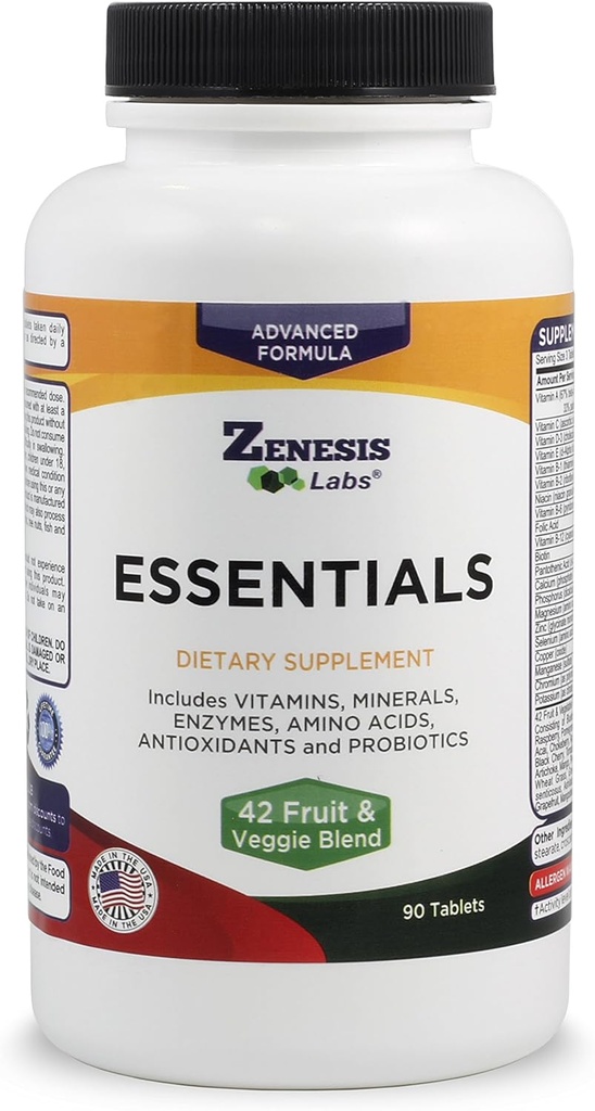 Zenesis Labs Essentials - une multivitamine naturelle et nutritive riche - avec minéraux, enzymes, acides aminés, antioxydants et probiotiques - 90ct