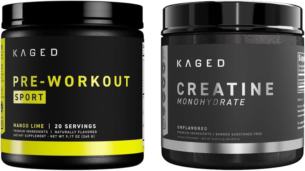 Kaged Pre Sport Pre Workout Powder Mango Lime Creatine Monohydrate Micronized Powder Bundle, Energy & Muscle Recovery Pack, 20 portions Pre-Workout + 100 portions Creatine
