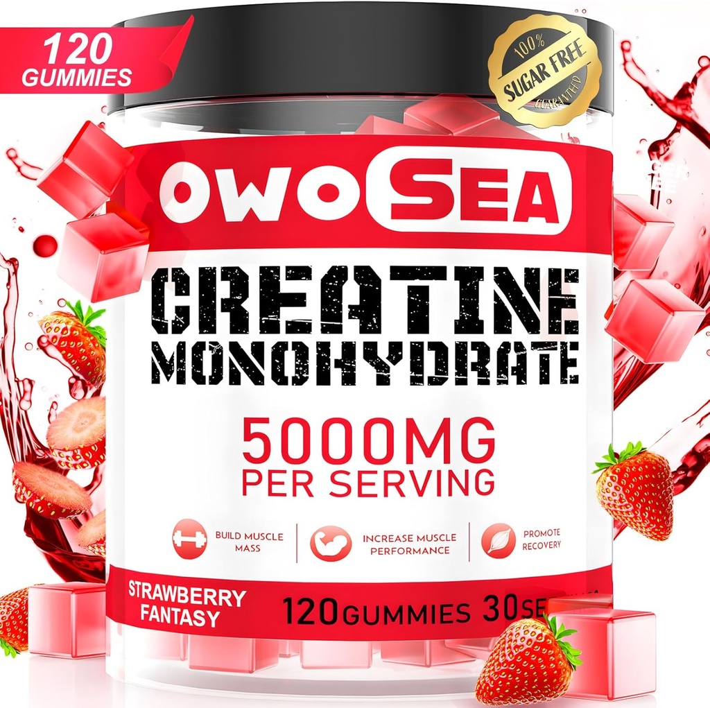 Monohydrate de créatine Gommies pour hommes et femmes 5000mg Monohydrate de créatine par service pour le soutien musculaire Énergie Boost 120 Comte Chewable 5g Supplément de créatine Vegan sans sucre (1 Pack, Fraise)