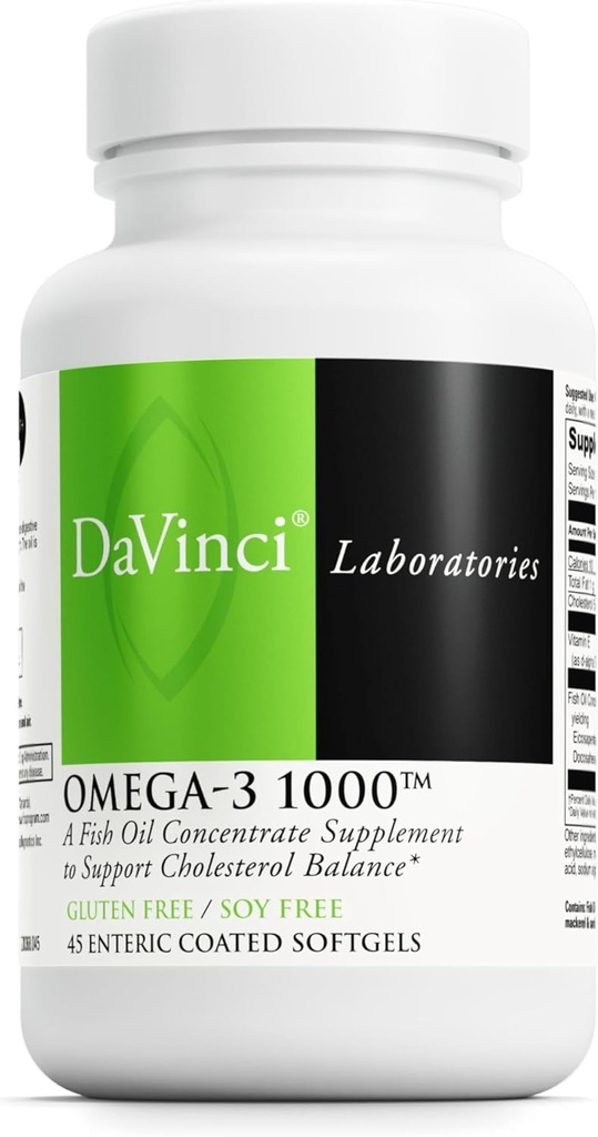 DAVINCI Labs Omega-3 1000 - Supplément alimentaire pour maintenir des niveaux de cholestérol déjà normaux et soutenir le système immunitaire, les cheveux et la peau sains* - sans gluten - 45 softgels enrobés entériques