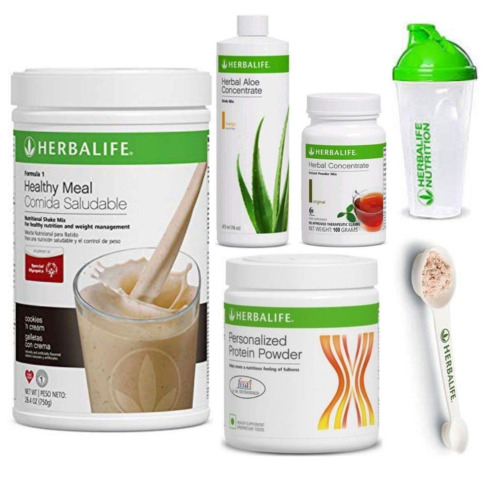 Herbalife Shake Healthy Meal Kit (Cookies et crème) Formule 1 + Herbal Aloe (Mango) + Herbal Tea Concentrate + Protéines Poudre + Shaker Cup & Spoo