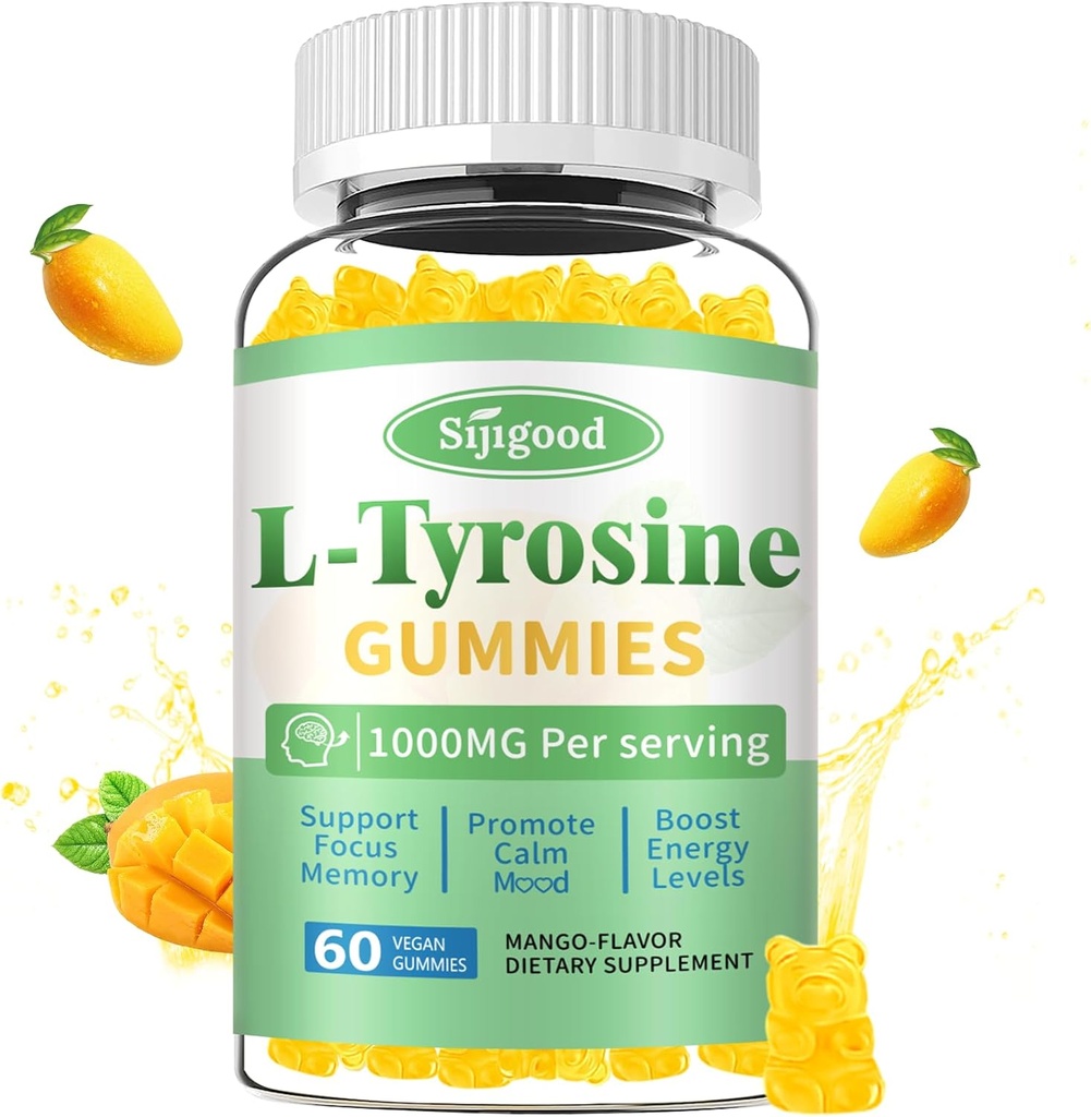 Gummies L-Tyrosine pour adultes et enfants - Supplément L-Tyrosine de 1000mg Gummies pour le cerveau, l'humeur, le soutien énergétique, végétalien et sans gluten, Mango Flavor, 60 comte