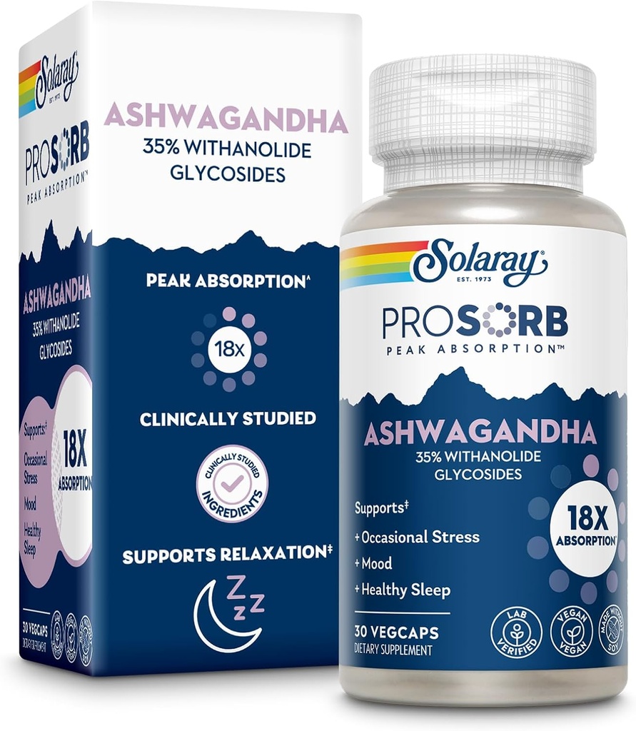 SOLARAY Ashwagandha Capsules 18X Absorption - Extrait de racines et de feuilles Ashwagandha 240 mg - Supplément de stress occasionnel et de soutien de l'humeur - Vegan, garantie de 60 jours - 30 portions, 30 VegCaps