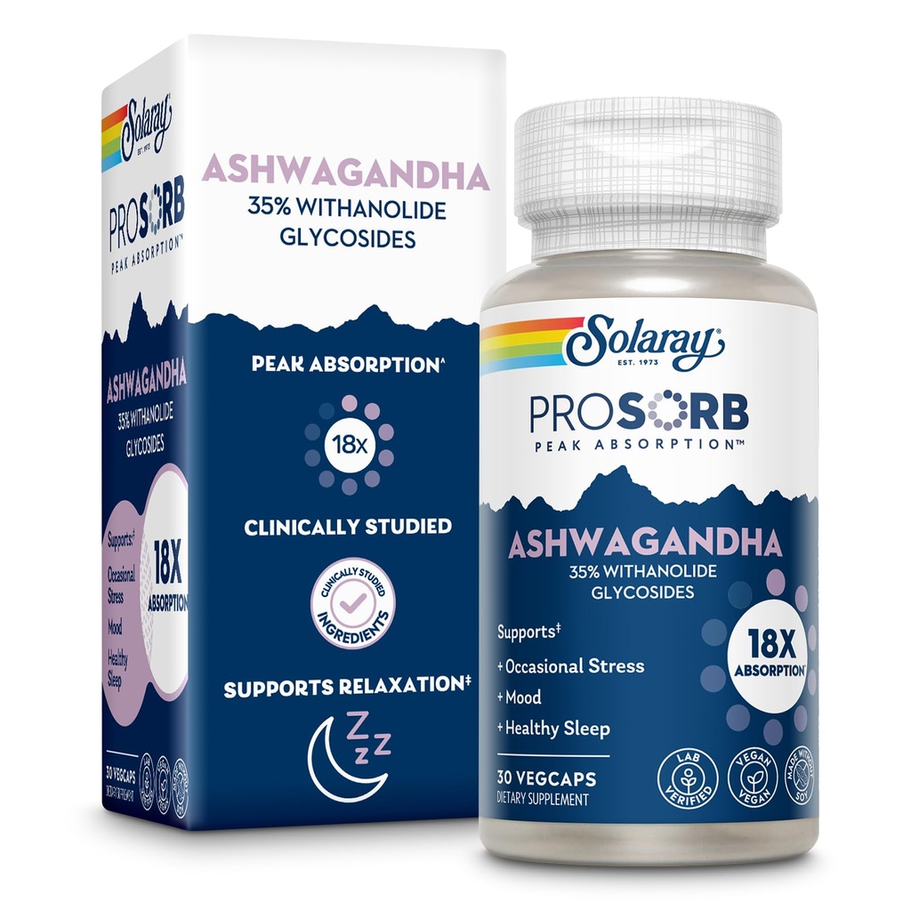 SOLARAY Ashwagandha Capsules 18X Absorption - Extrait de racines et de feuilles Ashwagandha 240 mg - Supplément de stress occasionnel et de soutien de l'humeur - Vegan, garantie de 60 jours - 30 portions, 30 VegCaps