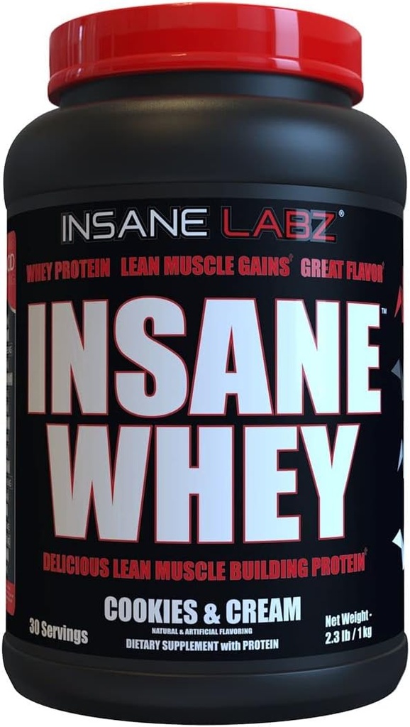 Insane Labz Insane Whey, 100% Muscle Building Whey Protein, BCAA Profile Amino, Mass Gainer, Remplacement des repas (Cookies et crème, 30 portions)