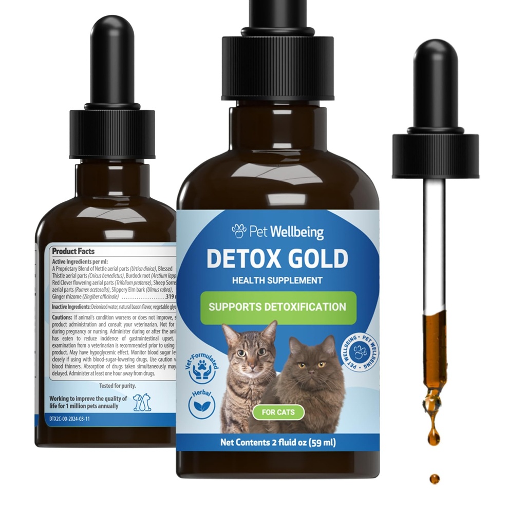 Animaux de compagnie Bien-être Detox Gold pour les chats - Détoxification douce et soutien à l'élimination, soins du système immunitaire, nébulosité, chardon béni, racine de lard - Vétérinaire-formulé supplément à base de plantes 2 oz (59 ml)