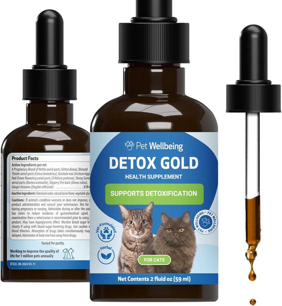 Animaux de compagnie Bien-être Detox Gold pour les chats - Détoxification douce et soutien à l'élimination, soins du système immunitaire, nébulosité, chardon béni, racine de lard - Vétérinaire-formulé supplément à base de plantes 2 oz (59 ml)