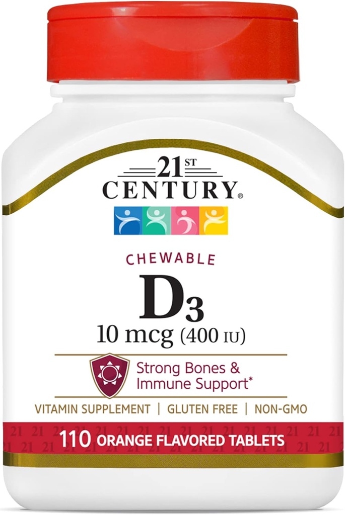 21st Century D3 400 IU Orange Chewable Tablets, Gluten Free, 110 Count (Pack of 3)