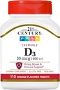 21st Century D3 400 IU Orange Chewable Tablets, Gluten Free, 110 Count (Pack of 3)