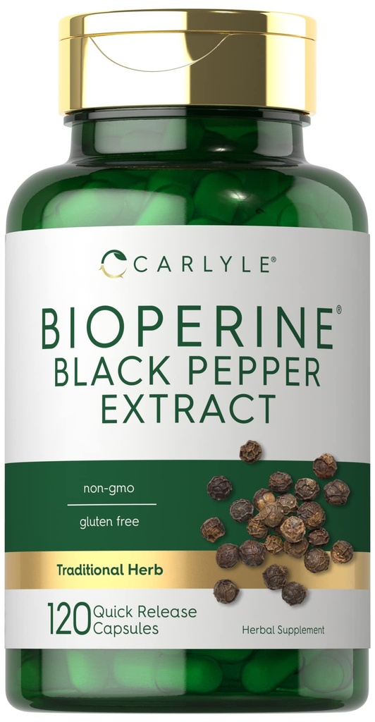 Carlyle Bioperine 10mg=120 Capsules=1 Sans OGM et sans gluten=1 provenant de l'extrait de poivre noir=1 supporte l'absorption de poudre de curcumine