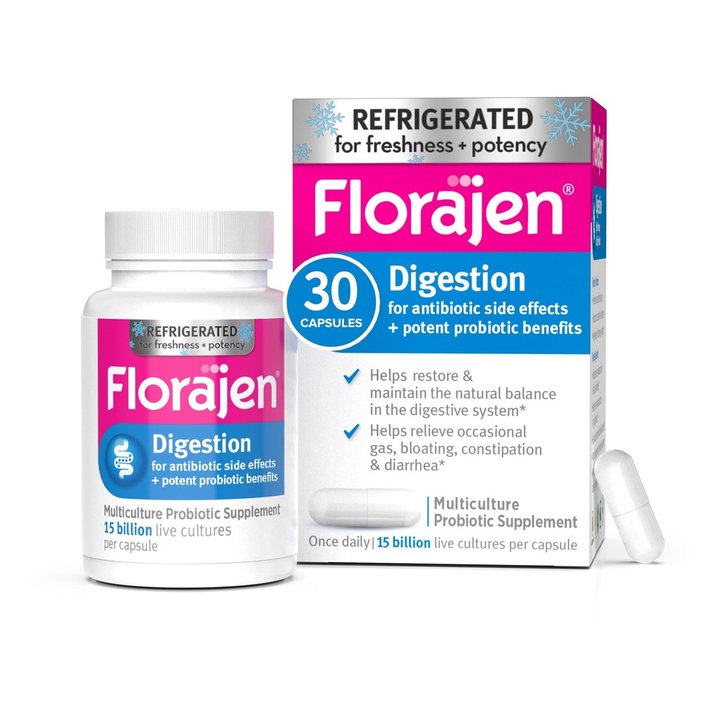 Probiotiques de digestion de Florajen, supplément de santé de Gut avec constipation et ballonnement pour les adultes, 30 comtes (réfrigérés)