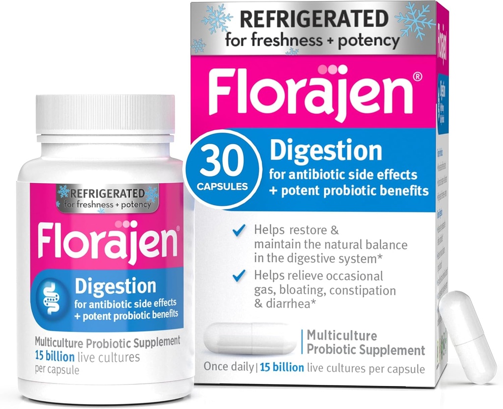 Probiotiques de digestion de Florajen, supplément de santé de Gut avec constipation et ballonnement pour les adultes, 30 comtes (réfrigérés)