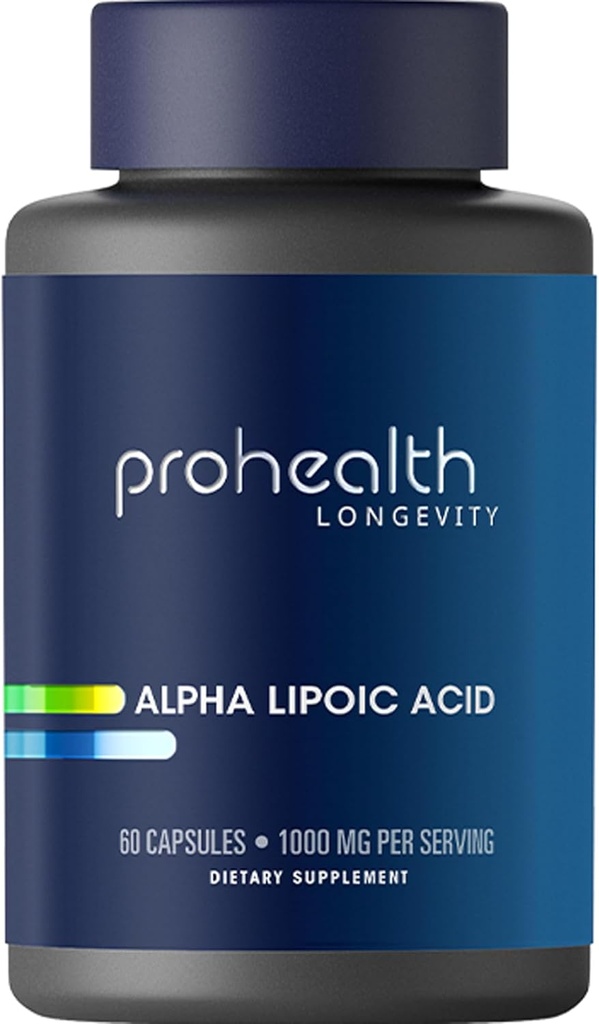 ProHealth Alpha Lipoic Acid High Potency 1000mg favorise le métabolisme, la peau plus jeune et l'énergie cellulaire. Lutte contre la fatigue et le brouillard cérébral. 30 Servitures.