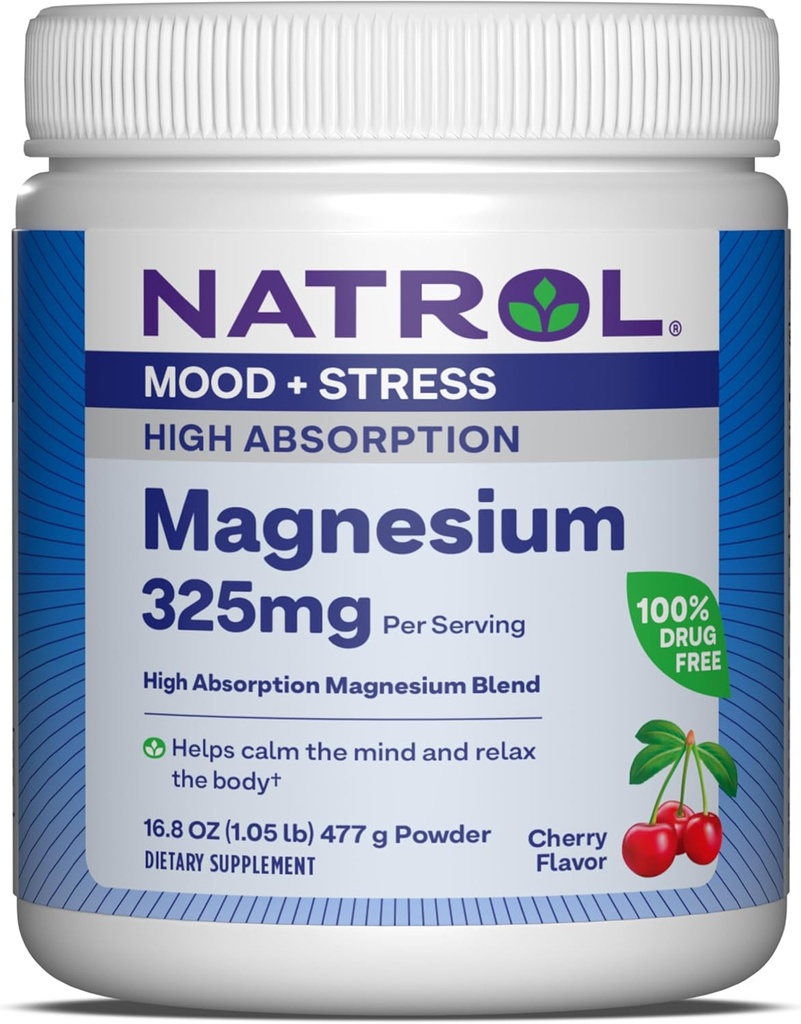 Natrol Magnésium 325 mg, Magnésium à haute absorption Glycinate de magnésium et mélange de carbonate pour aider à calmer l'esprit et à détendre le corps, 16,8 OZ de poudre aromatisée de cerise, jusqu'à 90 jours d'approvisionnement