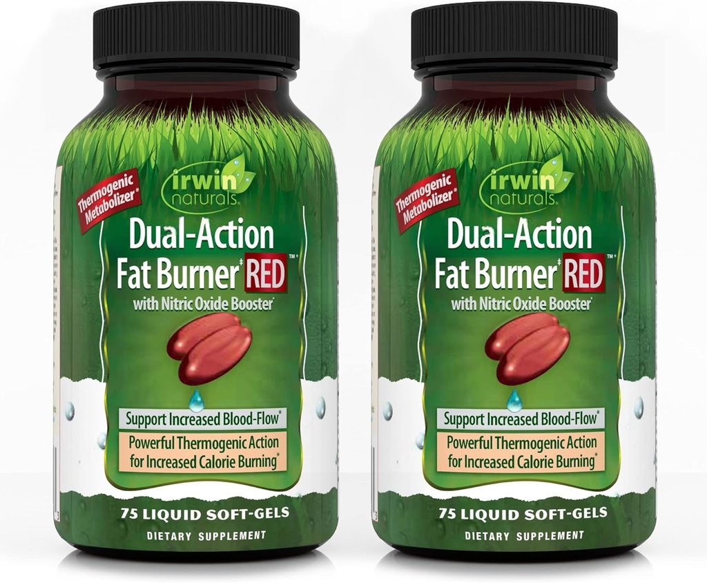 Irwin Naturals Dual-Action Fat Burner RED - 75 Liquid Soft-Gels, pack de 2 - Thermogénique puissant avec booster à oxyde nitrique - 50 Total des services