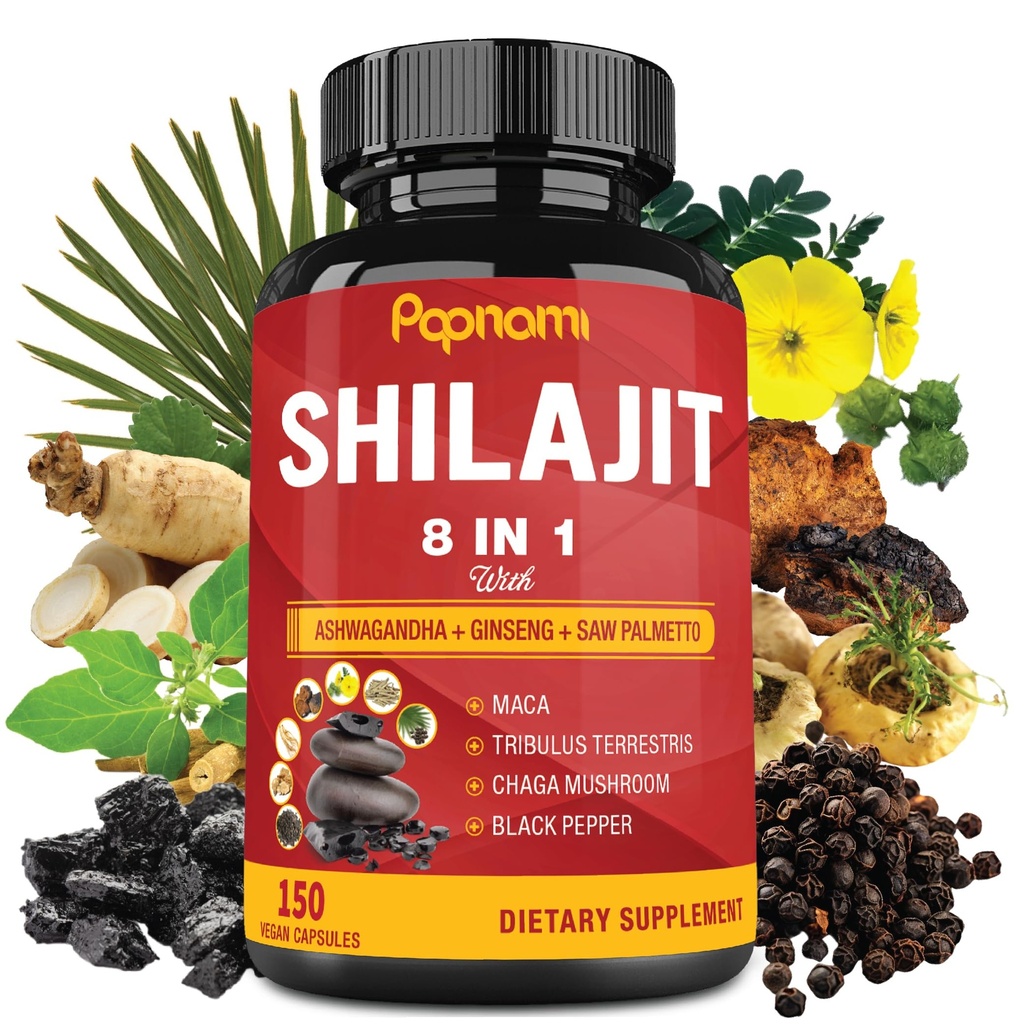 Shilajit Himalayan Supplément pour hommes et femmes - 150 capsules Ashwagandha, Ginseng, Saw Palmetto, Maca, Tribulus, Chaga & Black Pepper - Soutiens Vitalité Énergie et Immunicité