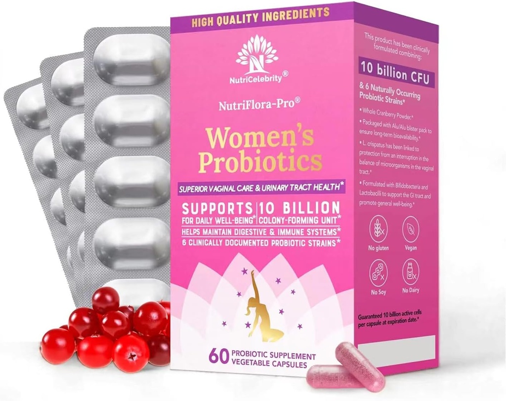 Nutricélébrité NutriFlora-Pro Probiotiques pour les femmes - Soutien Vaginal, santé urinaire, système immunitaire Soutien du système digestif, supplément de pilules de canneberge, 10 milliards CFU 6 souches (30 capsules) - 2 paquets