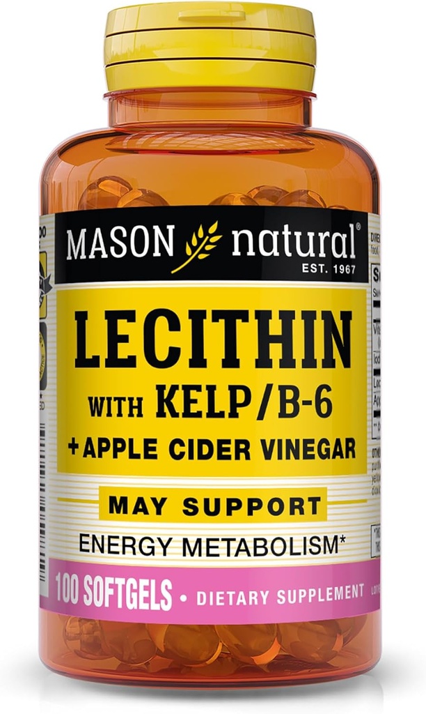 MASON NATURAL Lecithin with Kelp, Vitamin B6 & Apple Cider Vinegar, Dual Action Formula, 100 Softgels
