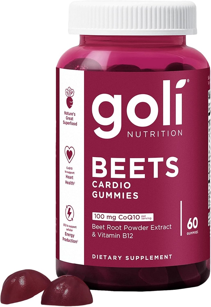 Goli complément nutritionnel, betteraves Cardio Gummy - 60 comte - 100mg CoQ10 & extrait de racine de betterave - sans gluten, végétalien, non-OGM, et sans gélatine.
