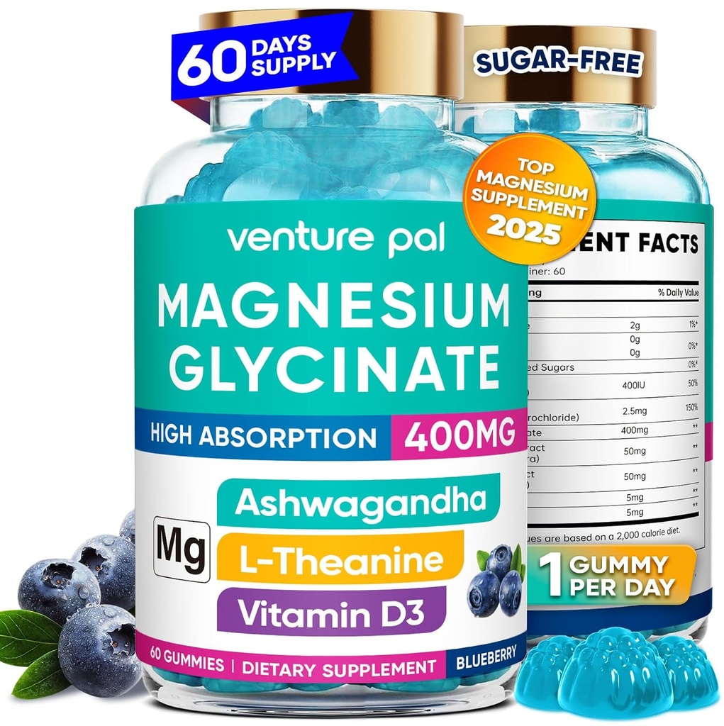 60 jours d'approvisionnement Magnésium Glycinat 400mg Gommies avec Ashwagandha, L-Theanine, CoQ10, Vitamine D3 & B6, sans sucre Gommies de magnésium pour adultes et enfants, soulagement du stress, sommeil et calme, végétalien, sans gluten
