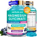 60 jours d'approvisionnement Magnésium Glycinat 400mg Gommies avec Ashwagandha, L-Theanine, CoQ10, Vitamine D3 & B6, sans sucre Gommies de magnésium pour adultes et enfants, soulagement du stress, sommeil et calme, végétalien, sans gluten