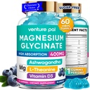 60 jours d'approvisionnement Magnésium Glycinat 400mg Gommies avec Ashwagandha, L-Theanine, CoQ10, Vitamine D3 & B6, sans sucre Gommies de magnésium pour adultes et enfants, soulagement du stress, sommeil et calme, végétalien, sans gluten