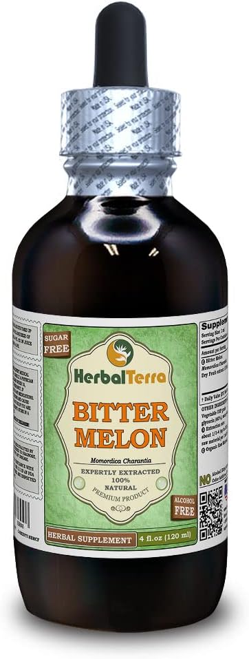 Bitter Melon (Momordica Charantia) Glycérite, extrait liquide sans alcool de fruits séchés biologiques (marque: HerbalTerra, fièrement fabriqué aux États-Unis) 4 fl.oz (120 ml)