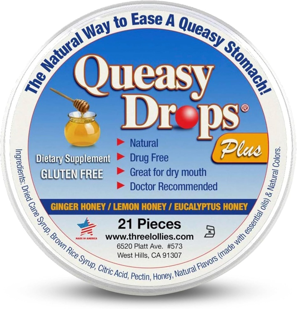 Trois Lollies Queasy Drops Plus - Lozanges avec de la pectine et du miel pour apaiser une bouche sèche - Allégez la nausée et le mouvement Maladie - Naturel - 21 ct
