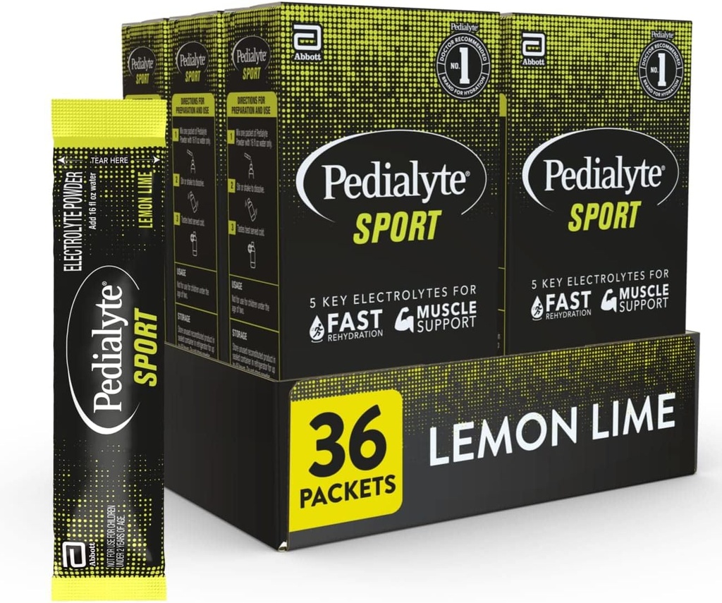 Poudre d'électrolyte Pedialyte Sport, hydratation rapide avec 5 électrolytes clés pour le soutien musculaire avant, pendant et après l'exercice, citron Lime, paquets de 0,49 oz (36 comte)