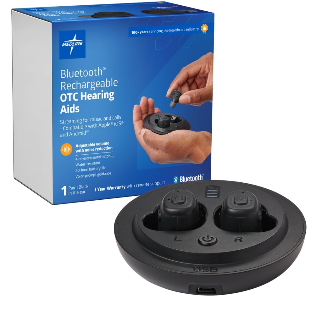Aides auditives rechargeables Bluetooth Medline, dans l'oreille, 4 paramètres environnementaux, résistant à l'eau, volume réglable, perte auditive légère à modérée, réduction du bruit, aides auditives à l'écoute