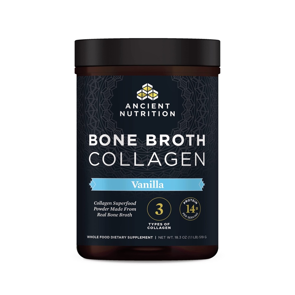 Ancient Nutrition Collagène Poudre, Broth collagène os, Vanille, Hydrolysed Multi Collagène Peptides, Supporte la peau et les ongles, Supplément articulaire, 30 portions, 18.3oz