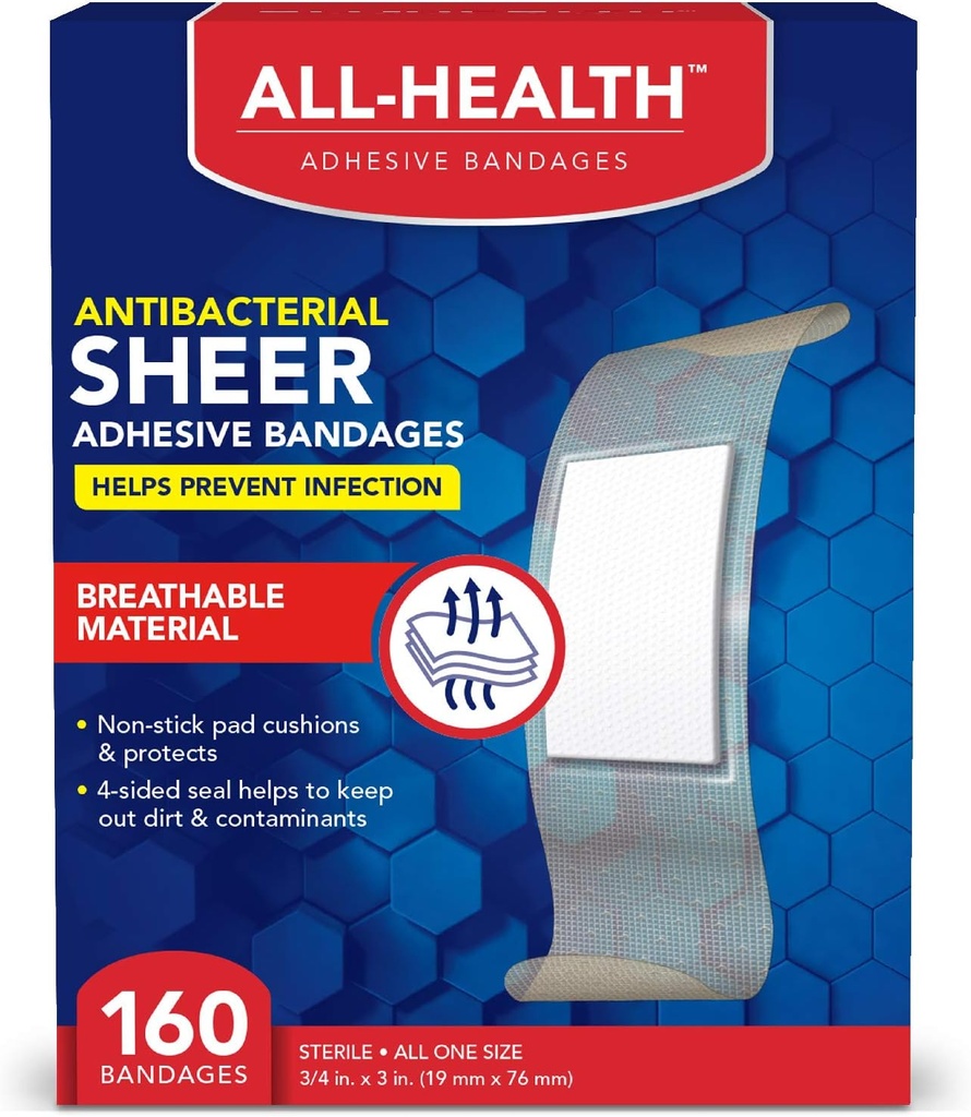 All Health Antibactérien Sheer Adhesive Bandages, 3/4 in x 3 in, 160 ct.