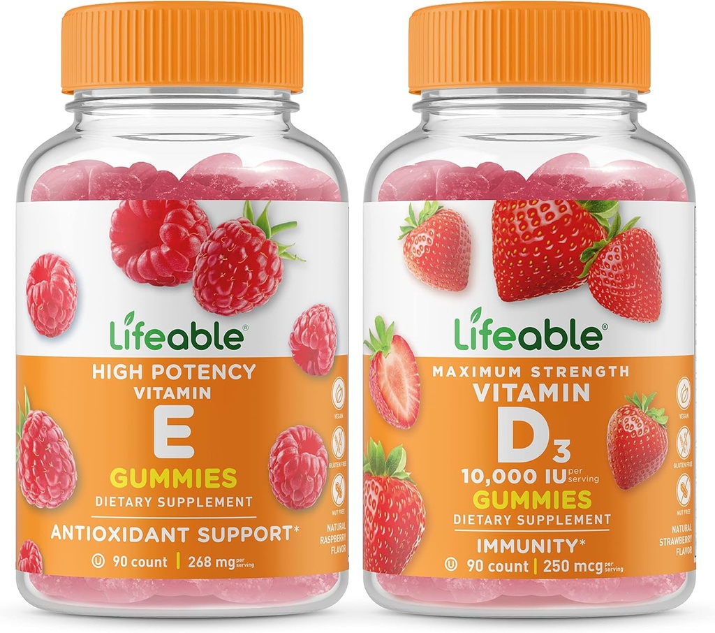 Vitamine E durable + Vitamine D 10000 UI, Gommies Bundle - Grande dégustation, supplément de vitamine, sans gluten, sans OGM, gommy à croquer
