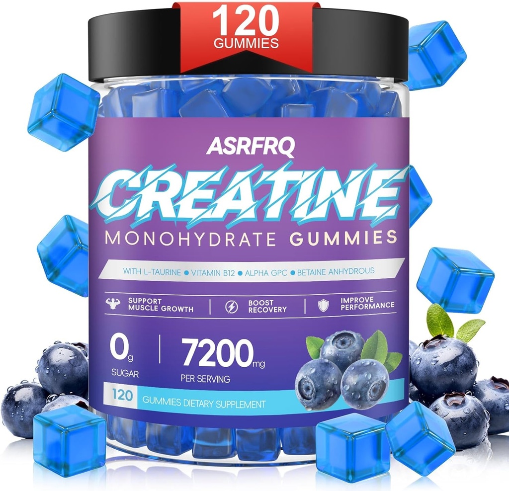 Monohydrate de créatine pour hommes et femmes 120 CT - 7200mg de monohydrate de créatine par service, monohydrate de créatine à croquer pour le soutien musculaire et l'énergie boost, sans sucre, végétalien (BlueberryFlavor)