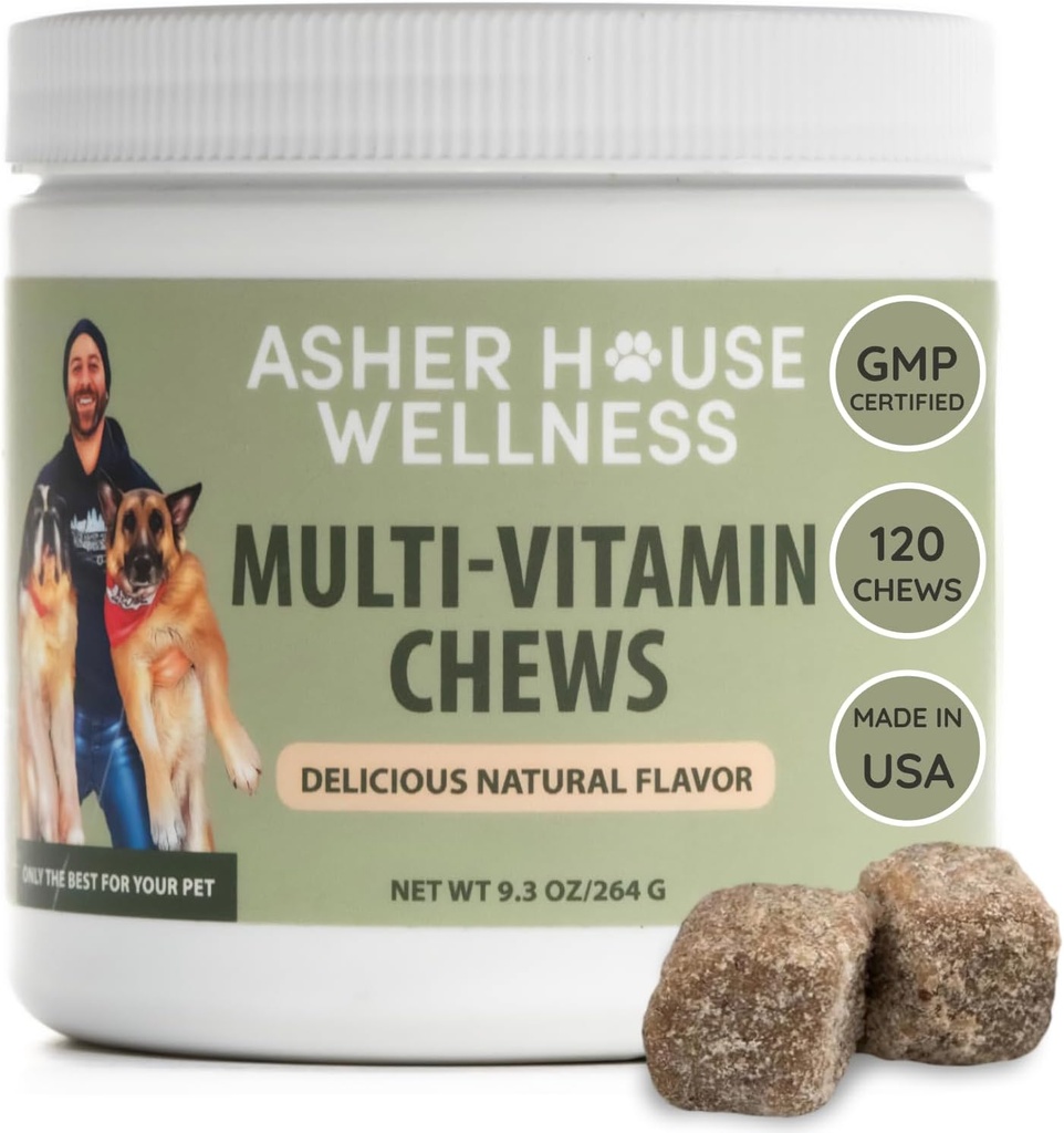 Asher House Wellness Dog Multivitamine Chews - Vitamines et suppléments pour chiens, Soft Chew pour chiens avec probiotiques, Lin, Colostrum - Soutien complet de la santé de chiot à aîné, 120 Chews